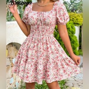 Pink and Red Ruched Puff Sleeve Mini Sundress